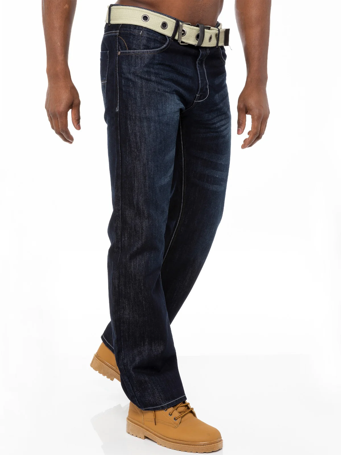 Mens Dark Blue Jeans with Belt EZ14 | Enzo Designer Menswear - Image 3